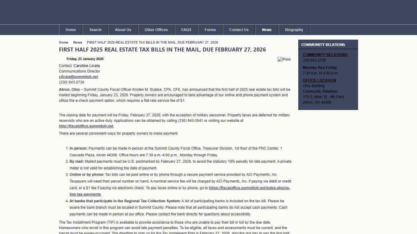 FIRST HALF 2025 REAL ESTATE TAX BILLS IN THE MAIL, DUE FEBRUARY 27, 2026